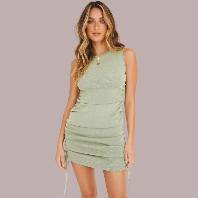 Women's Bodycon Mini Dress - Sleeveless Round Neck - Ruched with Adjustable Drawstrings