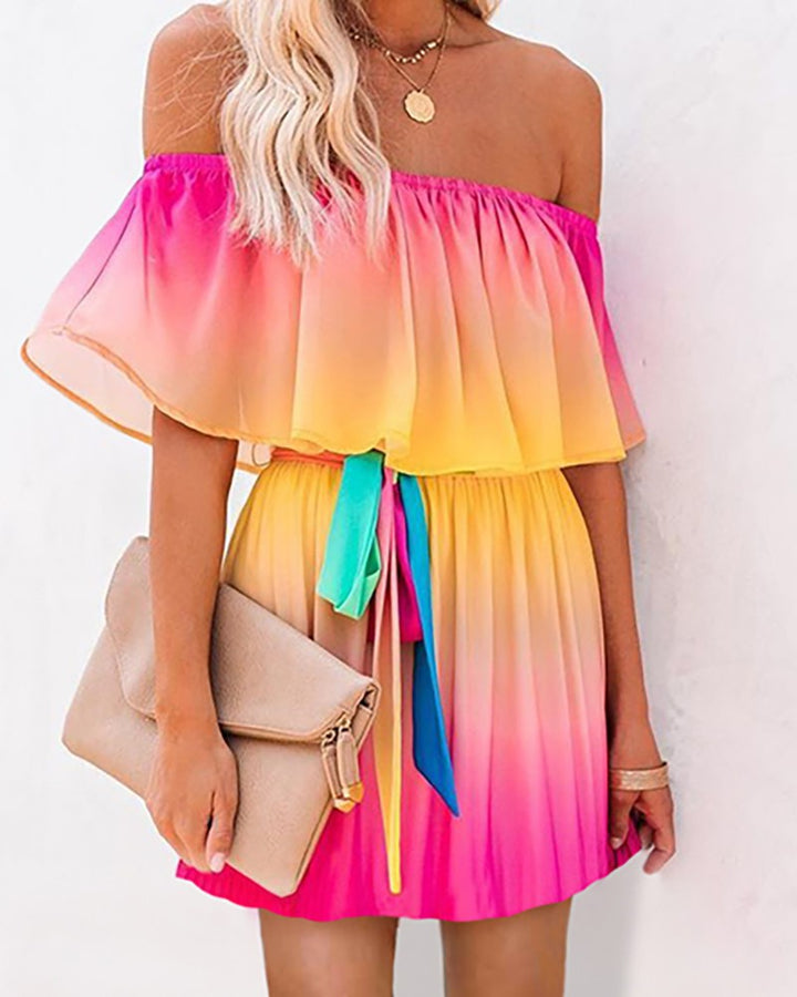 Women’s Dress – Off-Shoulder Ruffled Neckline – Cinched Waist – Breathable Blend