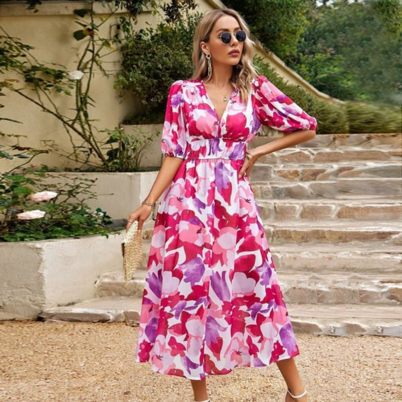 Women’s Midi Dress - A-Line Fit - V-Neck - Puff Sleeve - Breathable Blend