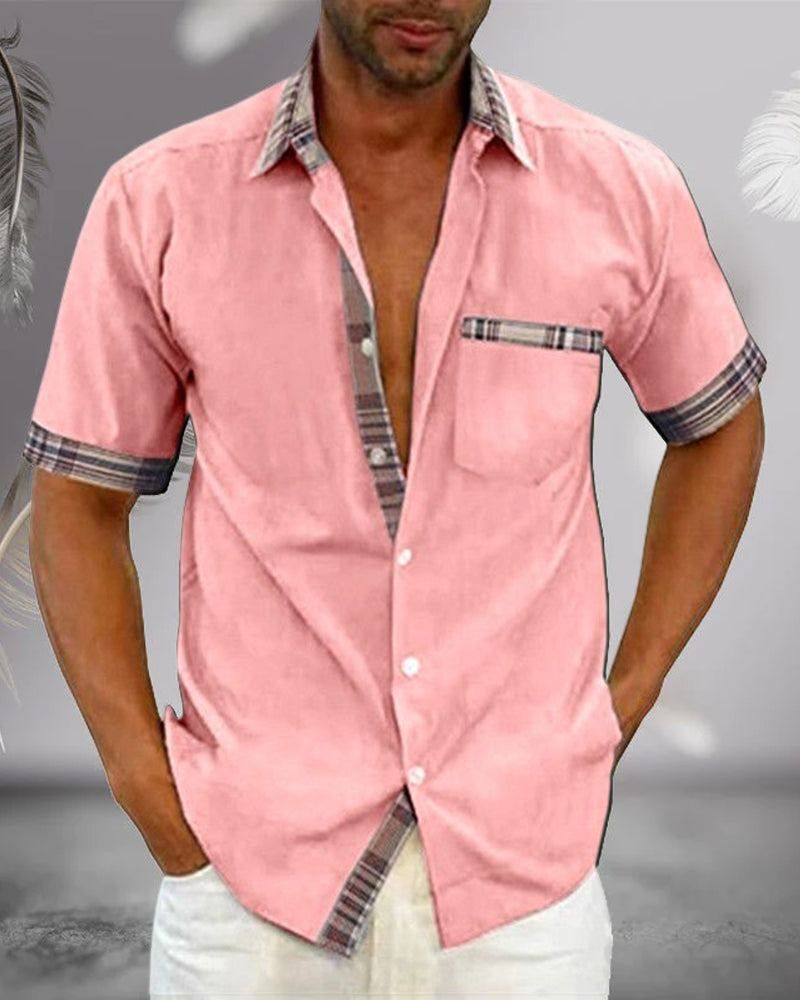Men’s Short Sleeve Shirt – Regular Fit – Breathable Blend – Plaid Trim Casual Style