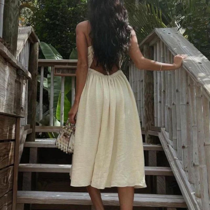 Women's Halter Maxi Dress - Cutout Waist - Ruched Bodice - Flowy Skirt with Slit
