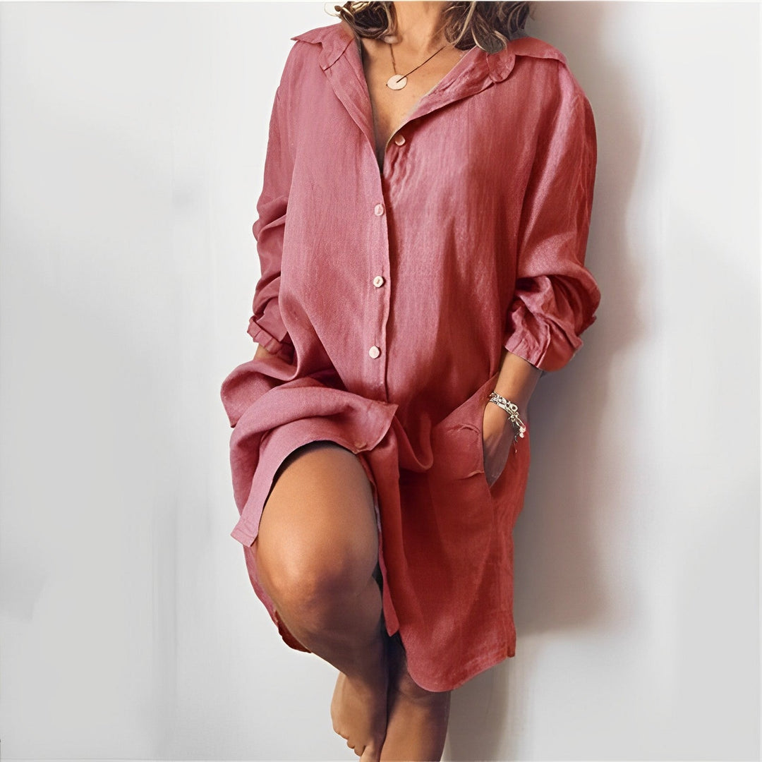 Women’s Blouse – Relaxed Fit – Natural Fibers – Long Sleeve – Button Front – Mid-Thigh