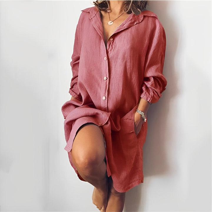 Women’s Blouse – Relaxed Fit – Natural Fibers – Long Sleeve – Button Front – Mid-Thigh