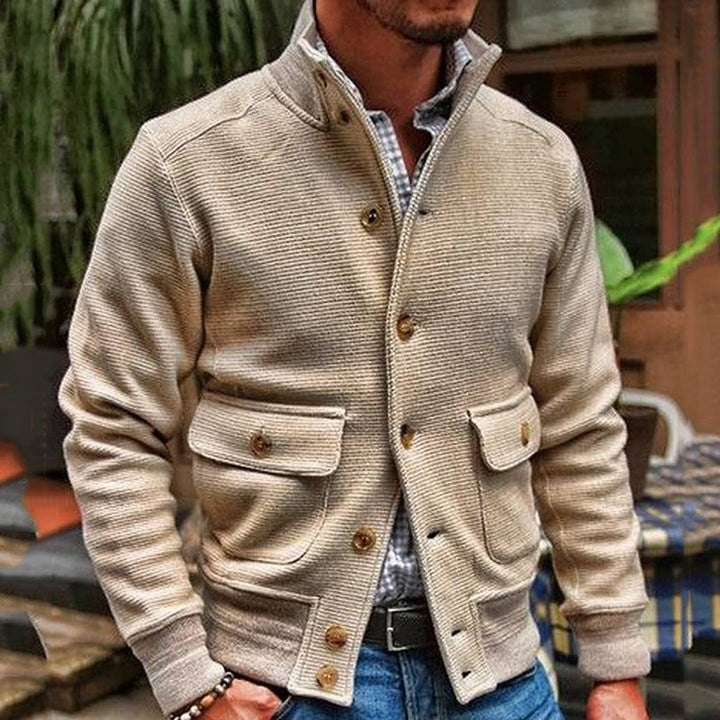 Men’s Jacket - Slim Fit - High Collar - Textured Cotton - Button Closure - Flap Pockets