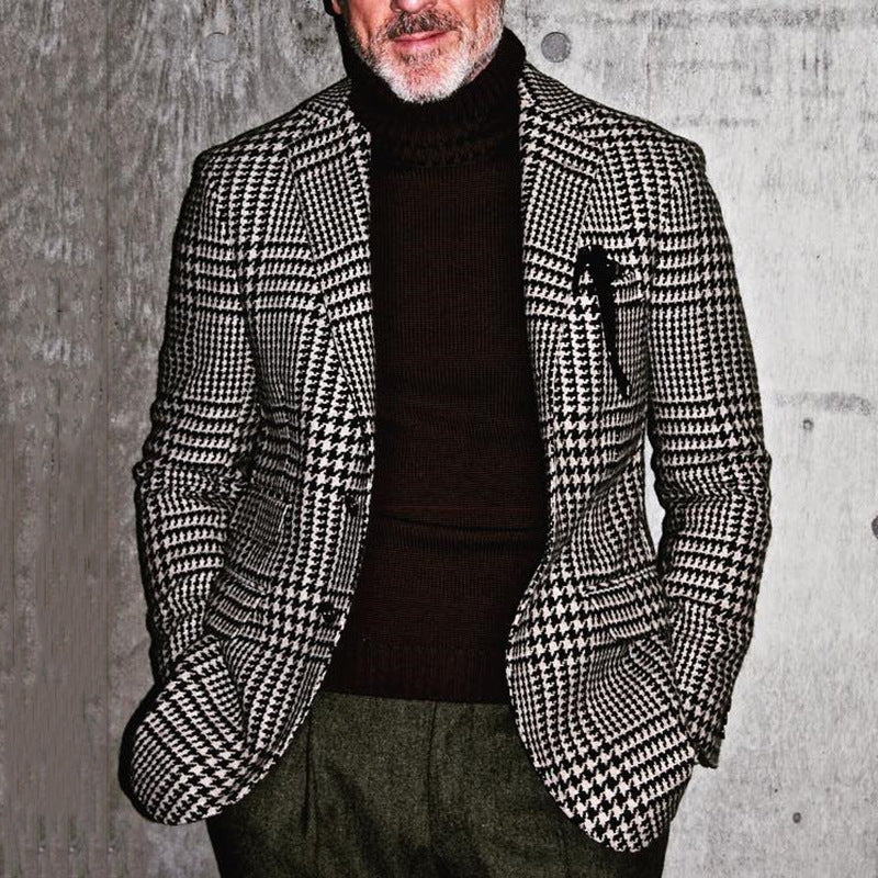 Men’s Blazer - Slim Fit Wool Blend - Houndstooth Pattern - Single Breasted Formal Wear