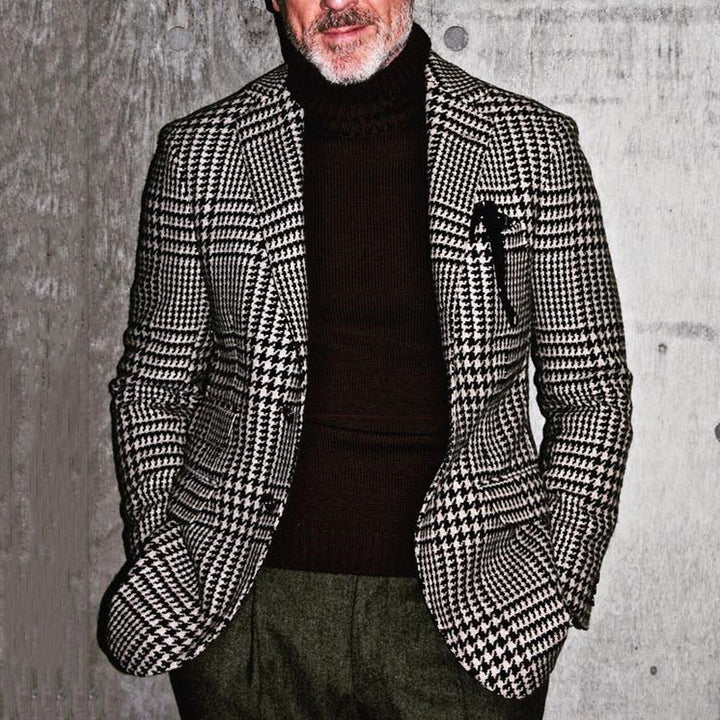 Men’s Blazer - Slim Fit Wool Blend - Houndstooth Pattern - Single Breasted Formal Wear