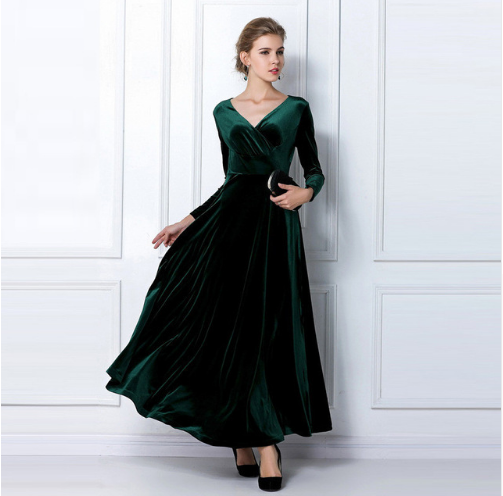 Women’s Evening Dress – Velvet – A-Line Fit – Deep V-Neck – Long Sleeve Elegant Gown