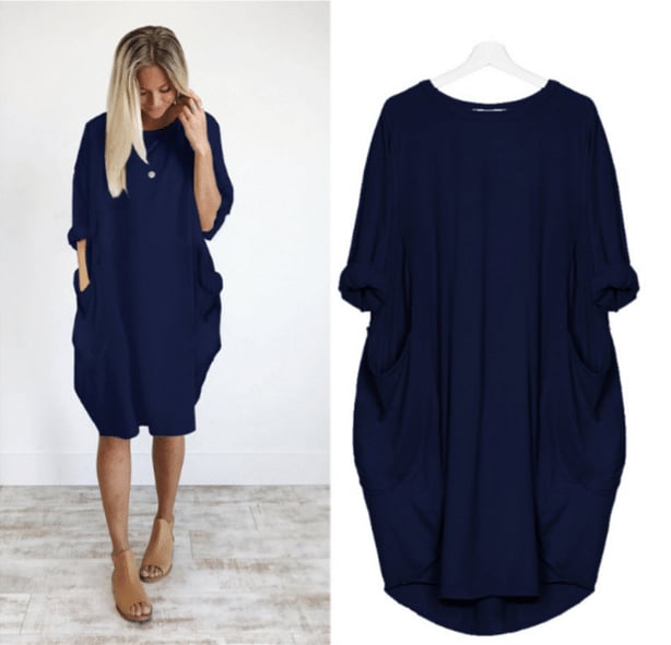 Women’s Midi Dress – Relaxed Fit – Round Neck – Breathable Blend – Side Pockets