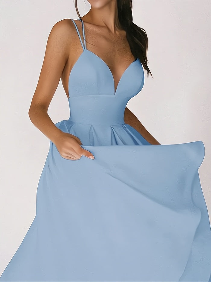 Women's Formal Dress - Satin Fabric - V-Neckline - Spaghetti Straps - Floor-Length Elegant Fit