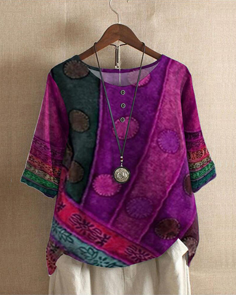 Women’s Boho Top – Relaxed Fit – Natural Fibers – 3/4 Sleeve – Button Front Casual Wear