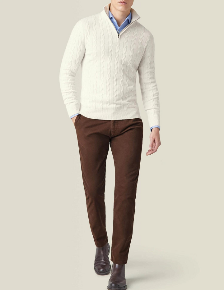 Men’s Sweater – Wool Blend – Cable Knit – Half Zip – Stand Collar – Smart Casual Fit