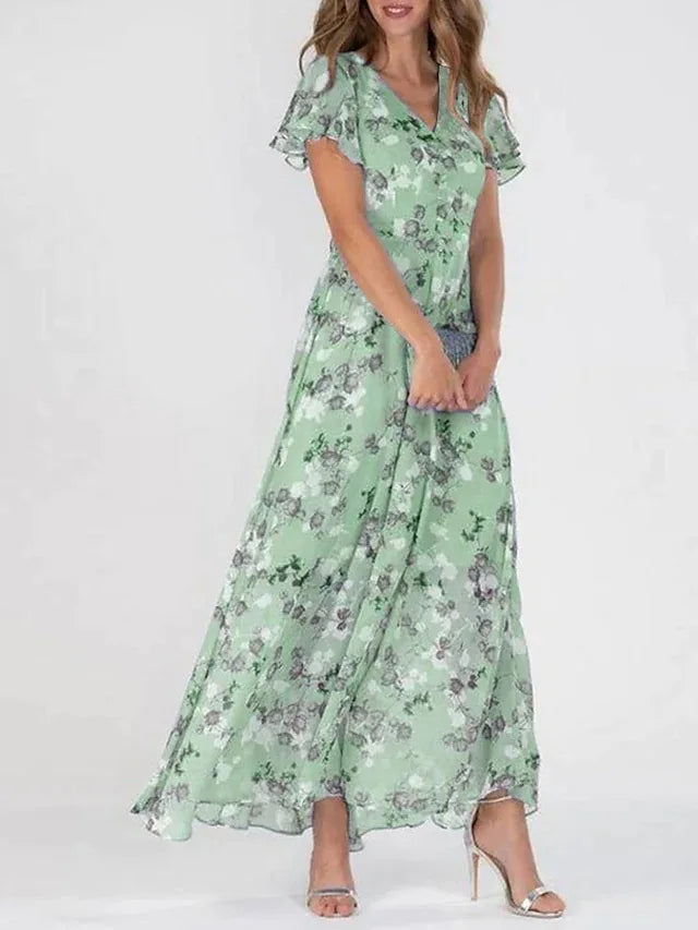 Women's Maxi Dress - Floral Print - V-Neck - Short Flutter Sleeves - Flowy Relaxed Fit