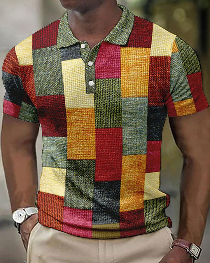 Men’s Polo Shirt - Soft Knit - Slim Fit - Patchwork Design - Button Placket Casual Wear