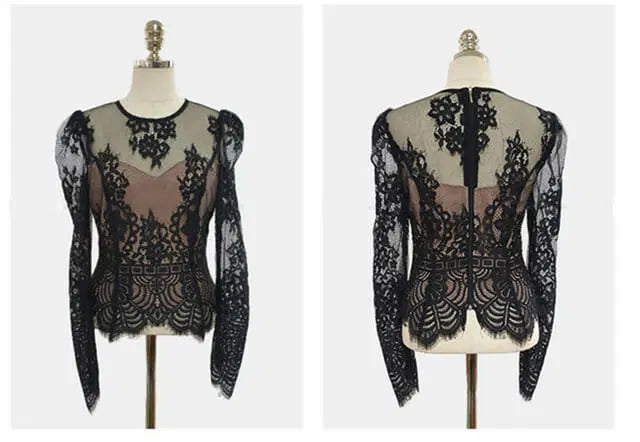 Women's Lace Set- Floral Pattern - Knee-Length Fitted - Sheer Long Sleeve Elegant Wear