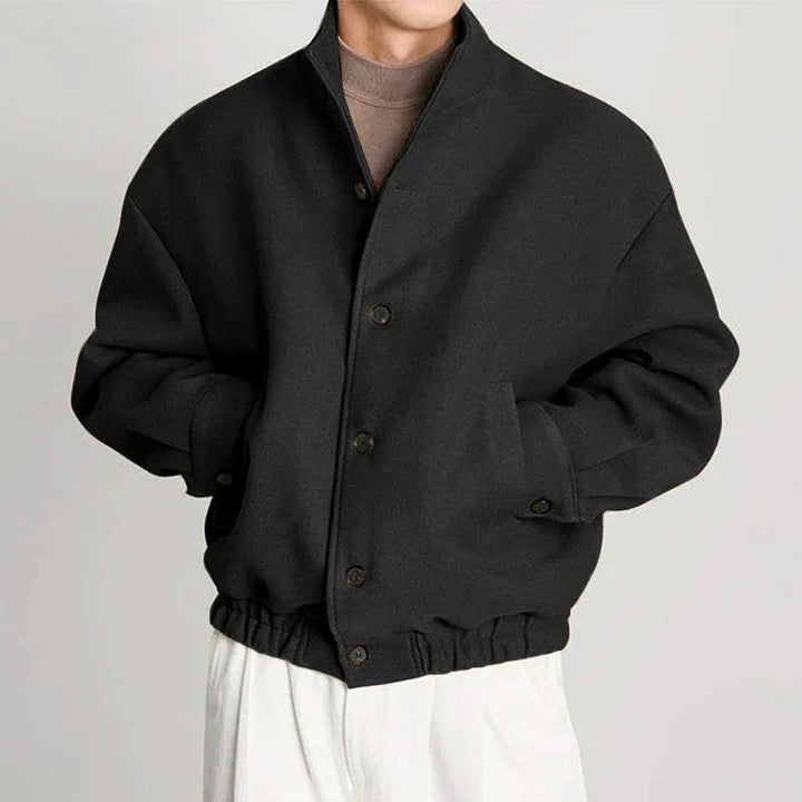 Men’s Jacket – Relaxed Fit – Soft Textured Fabric – High Collar – Button Front Closure