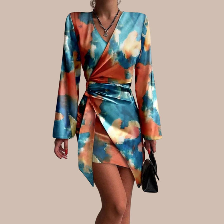 Women's Wrap Dress - V-Neck - Long Sleeve - Text Print - Elegant Fit
