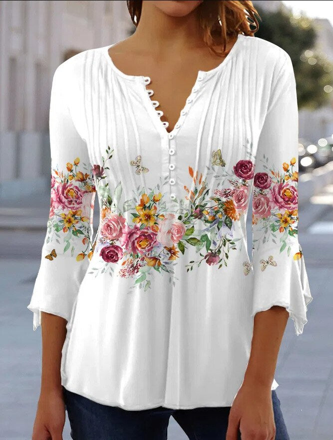 Women’s Top – Relaxed Fit – V-Neck with Buttons – 3/4 Sleeve – Breathable Blend
