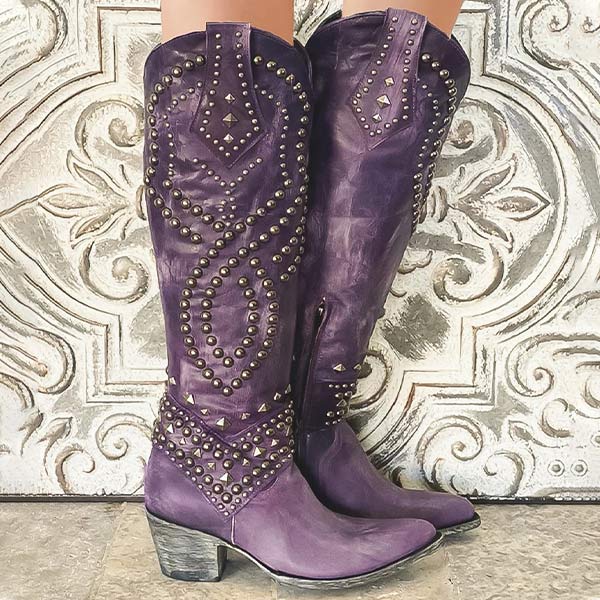 Women’s Knee-High Boots – Rivet Detail – Thick Heel – Side Zipper