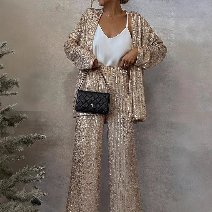 Women’s Two-Piece Set – Sequin Jacket – High-Waisted Wide-Leg Pants – Elegant Fit