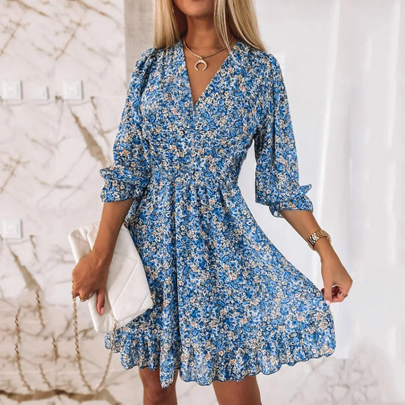 Women’s Mini Dress – Relaxed Fit – Smocked Waist – V-Neck – Ruffled Hem – Breathable Blend