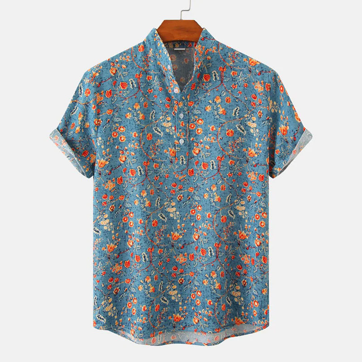 Men’s Short Sleeve Shirt - Relaxed Fit - Breathable Blend - Mandarin Collar - Floral Print