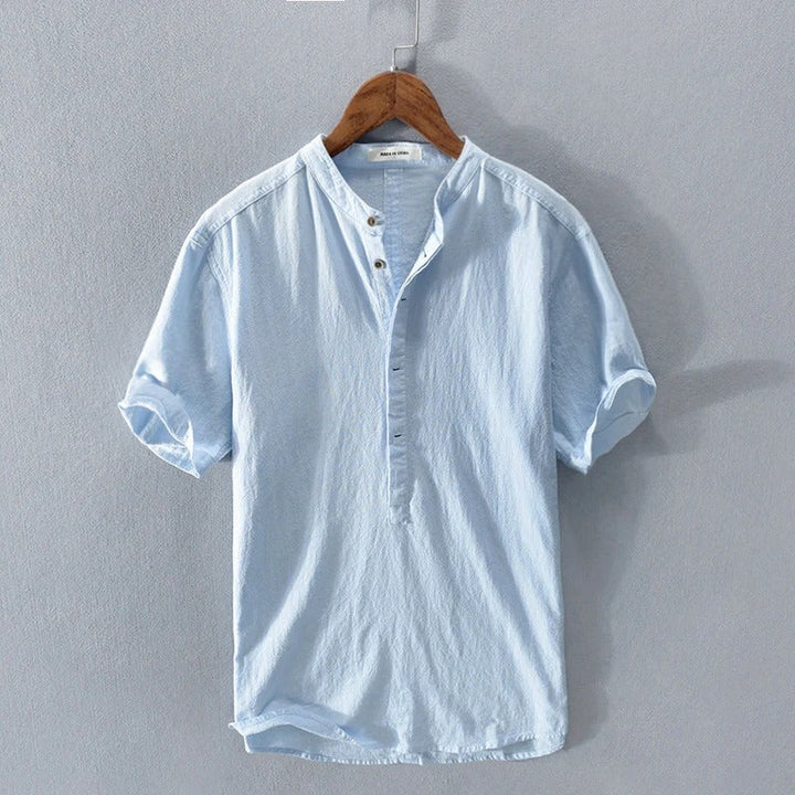 Men’s Short Sleeve Shirt – Relaxed Fit – Mandarin Collar – Natural Fibers – Casual Style