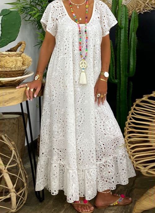 Women’s Maxi Dress – Natural Fibers – Relaxed Fit – Eyelet Embroidery – Flowy Silhouette