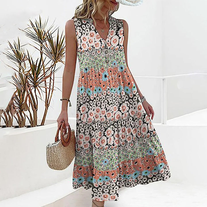 Women's Midi Dress - Sleeveless V-Neck - Floral Print - Flowy Loose Fit