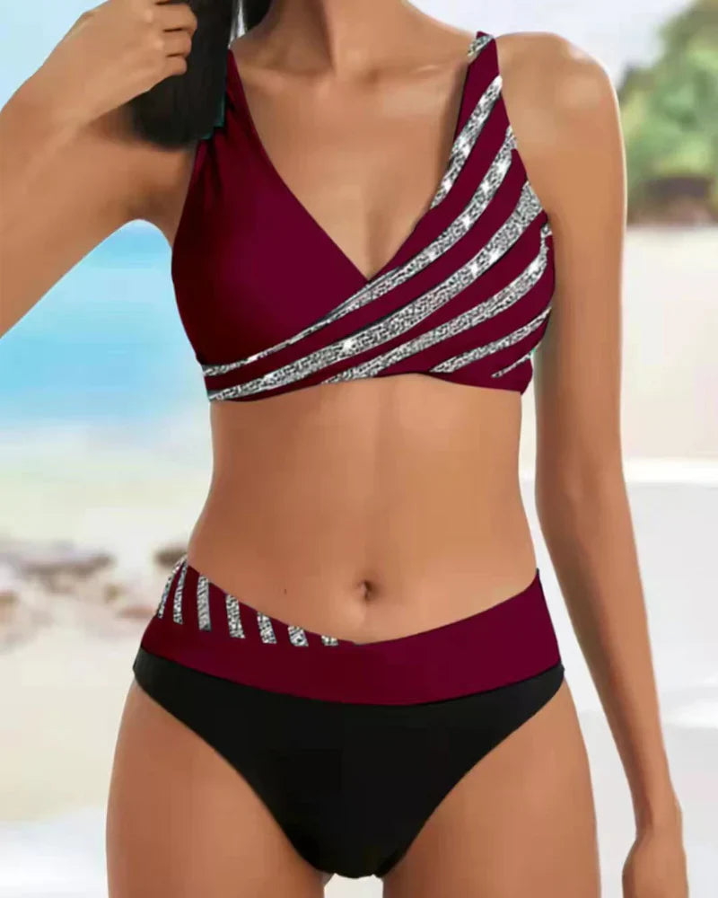 Women’s Bikini Set – Wrap Top – High Waist – Breathable Stretch Fabric – Striped Design