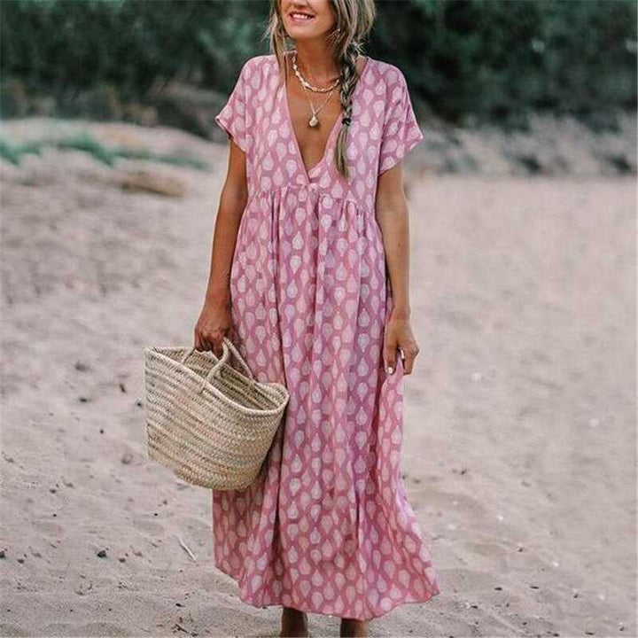 Women’s Maxi Dress - Natural Fibers - Relaxed Fit - V-Neck - Short Sleeve Flowing Silhouette