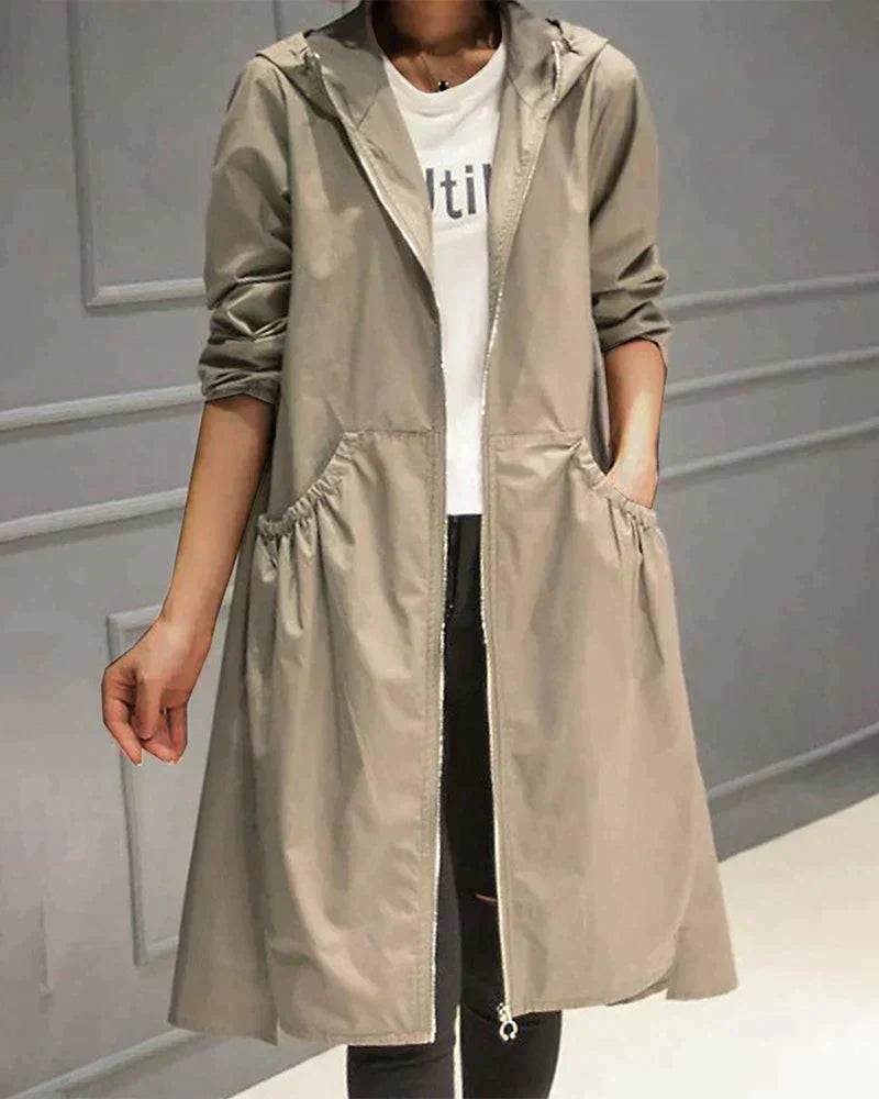 Women’s Hooded Jacket – Relaxed Fit – Knee Length – Zip Front – Casual Wear
