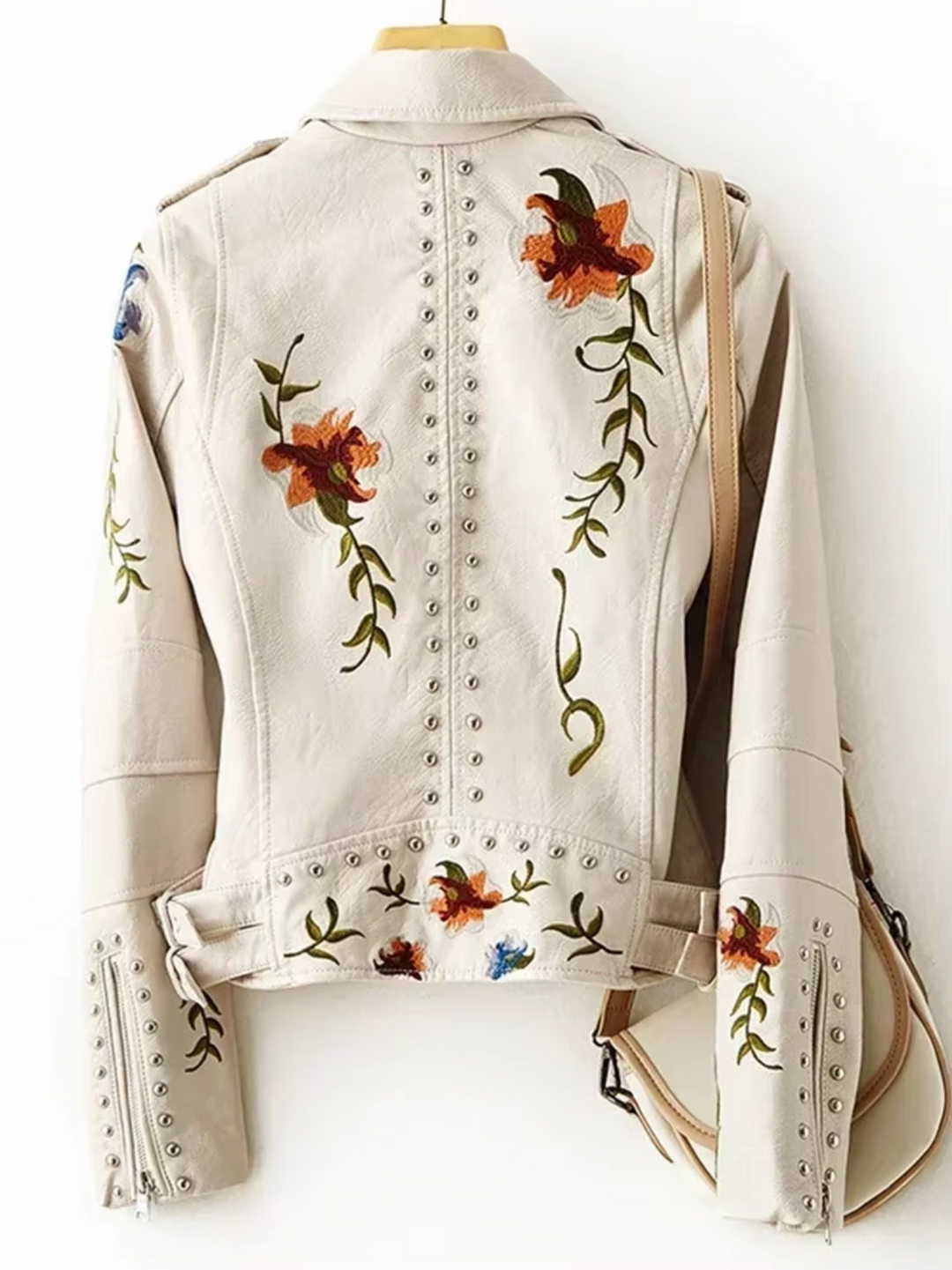 Women’s Biker Jacket – Tailored Fit – Embroidered Floral – Studded Detailing – Cropped Style