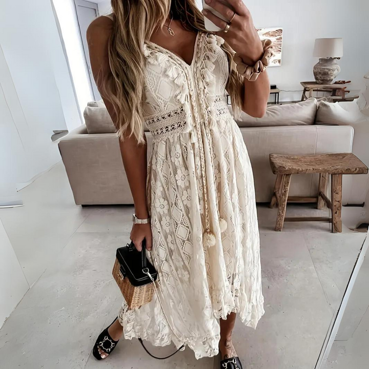 Women’s Midi Dress - Relaxed Fit - Lace Detailing - Spaghetti Straps - Boho Style