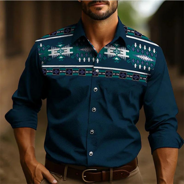 Men’s Button-Down Shirt – Tailored Fit – Long Sleeve – Retro Geometric Design – Breathable Fabric