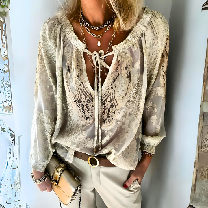 Women’s Blouse – Relaxed Fit – Crocheted Lace – Long Sleeve – Drawstring Neckline