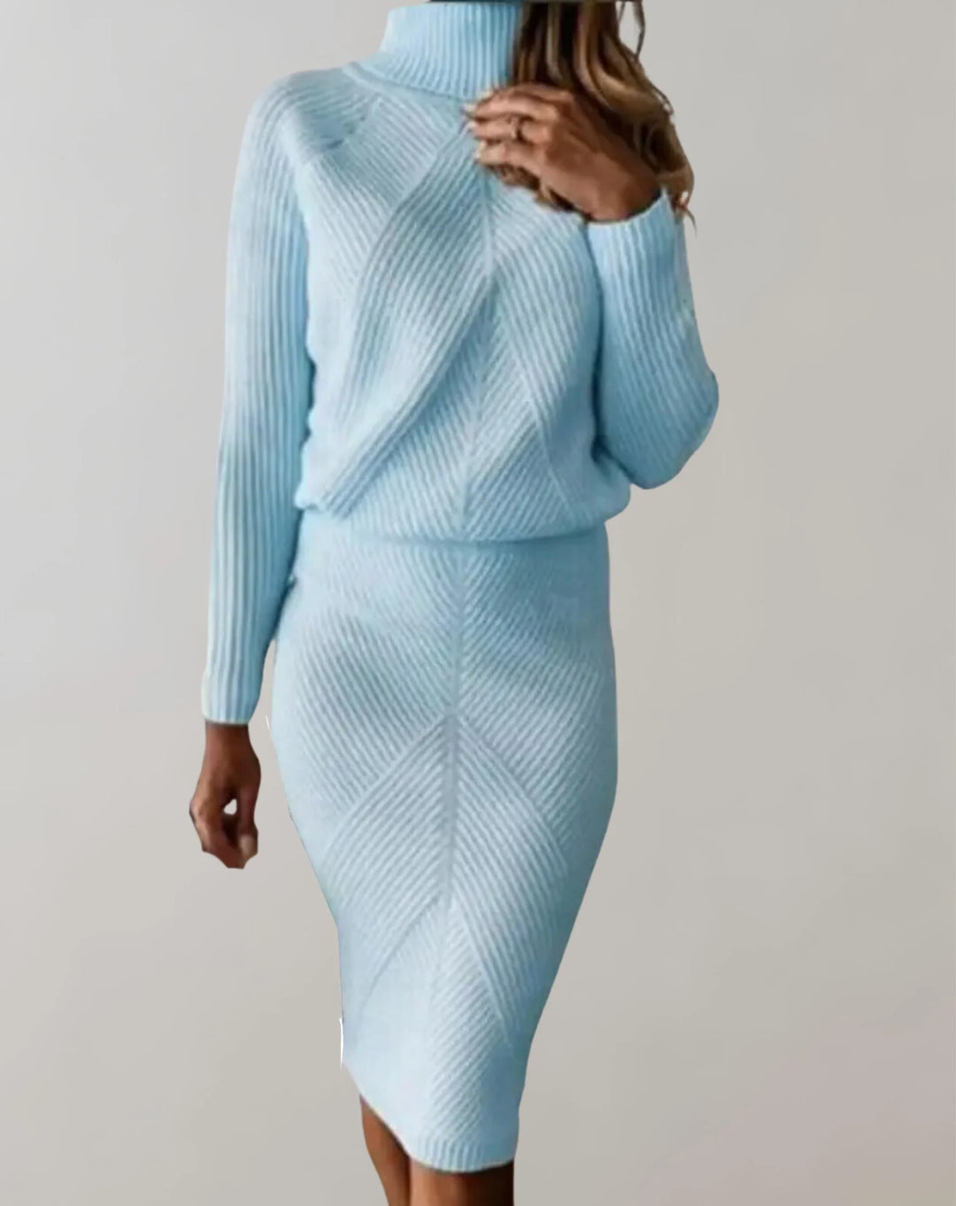 Women’s Two-Piece Set – Ribbed Knit – Slim Fit – Turtleneck Sweater & Midi Skirt