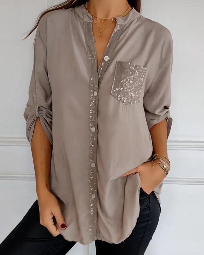 Women’s Blouse – Relaxed Fit – Sequin Placket and Pocket – Long Sleeve – Breathable Blend
