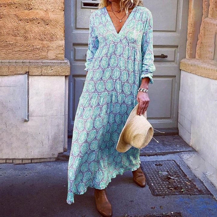 Women’s Maxi Dress - Relaxed Fit - V-Neck Long Sleeve - Soft Breathable Fabric - Geometric Print