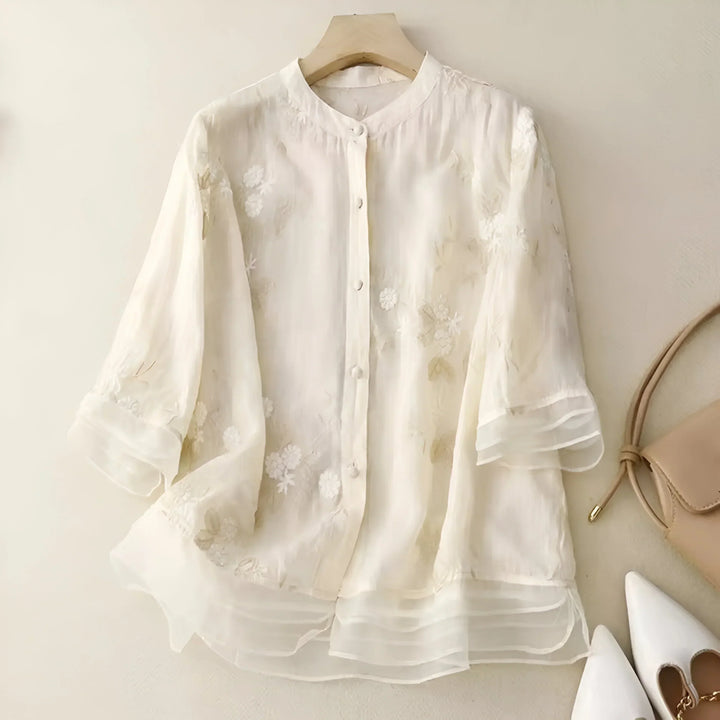 Women’s Blouse – Relaxed Fit – Embroidered Detail – Button-Down – 3/4 Sleeve – Layered Hem