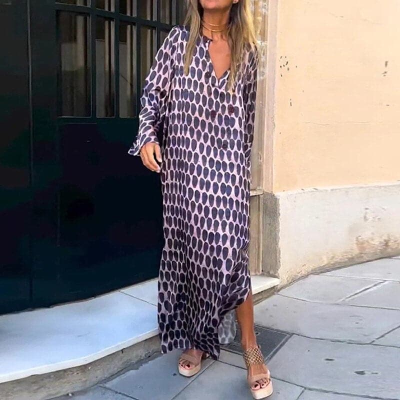 Women’s Maxi Dress – Breathable Blend – Loose Fit – V-Neck – Long Sleeve – Side Slits