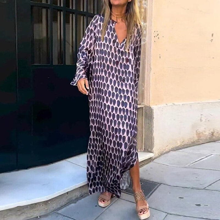 Women’s Maxi Dress – Breathable Blend – Loose Fit – V-Neck – Long Sleeve – Side Slits