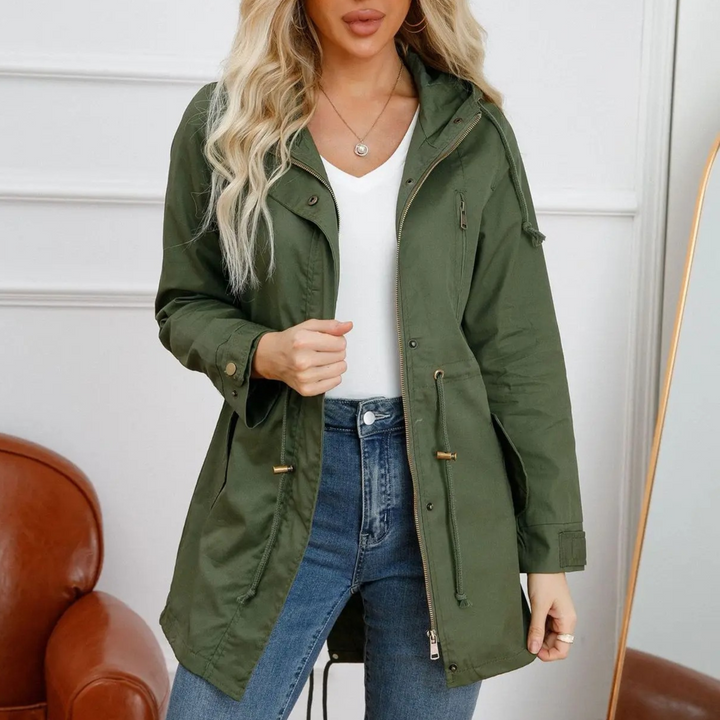 Women's Utility Jacket - Hooded - Adjustable Waist - Zipper Closure - Snap-Button Cuffs