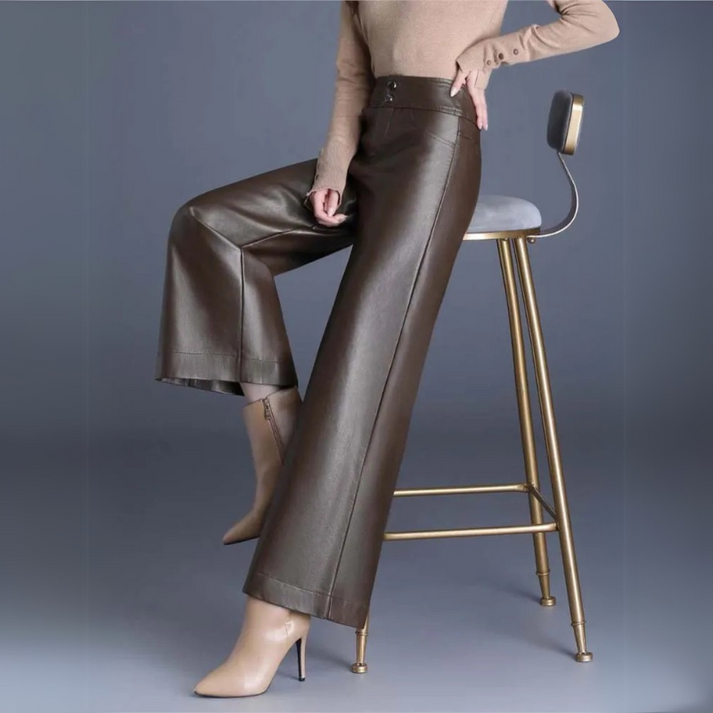 Women’s Leather Trousers - High Waist - Wide Leg - Relaxed Fit - Full Length