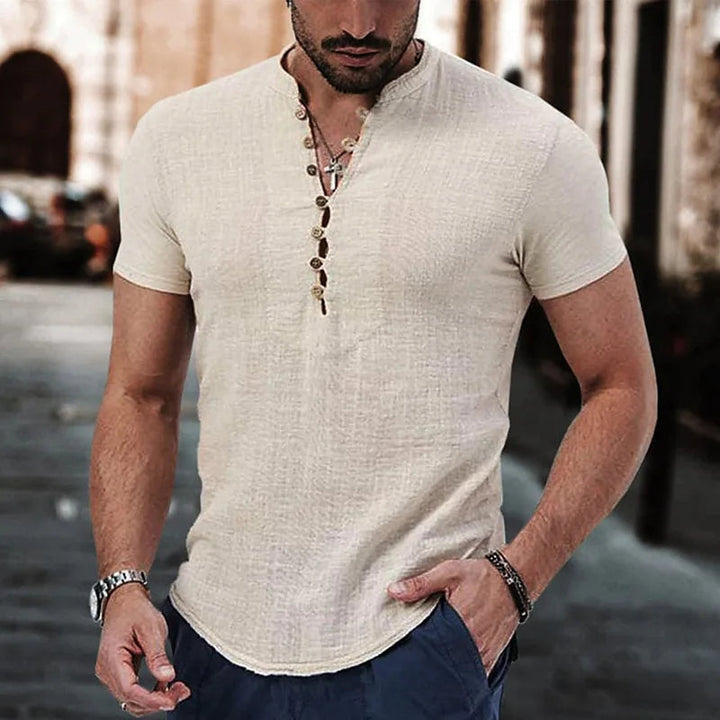 Men’s Short Sleeve Shirt – Slim Fit – Breathable Blend – Button Neck Casual Style