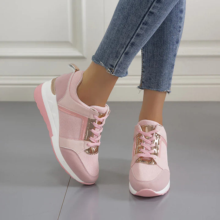 Women’s Wedge Sneakers – Perforated Detailing – Lace-Up – Platform Sole – Casual Comfort