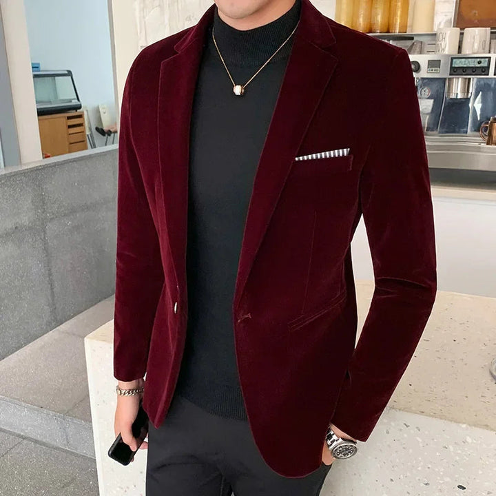 Men’s Blazer – Slim Fit – Velvet Finish – Single Button – Structured Formal Style