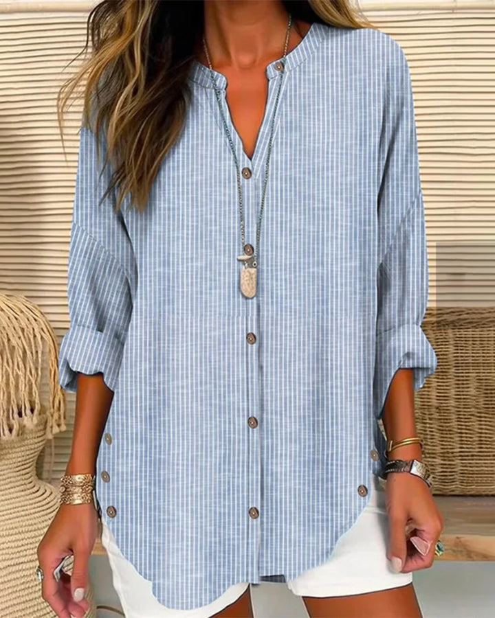 Women’s Blouse – Relaxed Fit – Striped Pattern – V-Neck – Button Front – Breathable Blend
