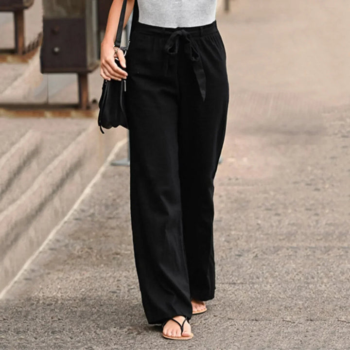 Women’s Wide-Leg Trousers – High Waist – Breathable Blend – Fabric Belt – Full Length