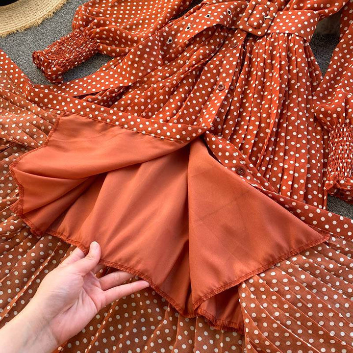 Women's Long Dress - Polka Dot Pattern - Belted Waist - Button-Up - Layered Skirt