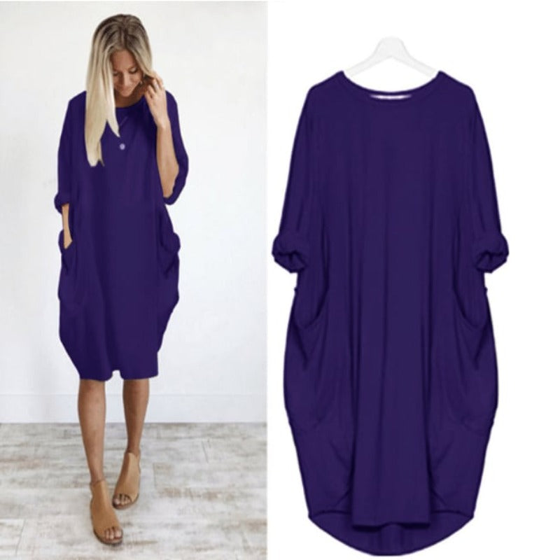 Women’s Midi Dress – Relaxed Fit – Round Neck – Breathable Blend – Side Pockets